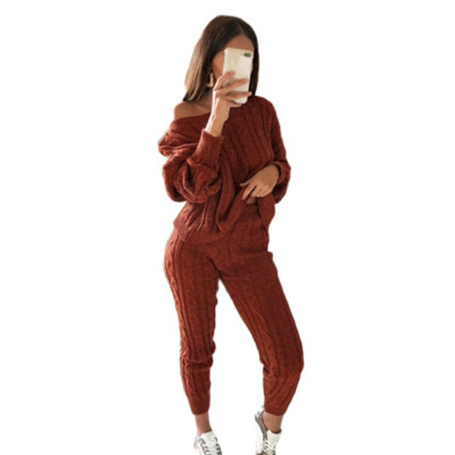 CALOFE Autumn New Cotton Tracksuit Women 2 Piece Set Sweater Top+Pants Knitted Suit O-Neck Knit Set Women Outwear 2 Piece Set